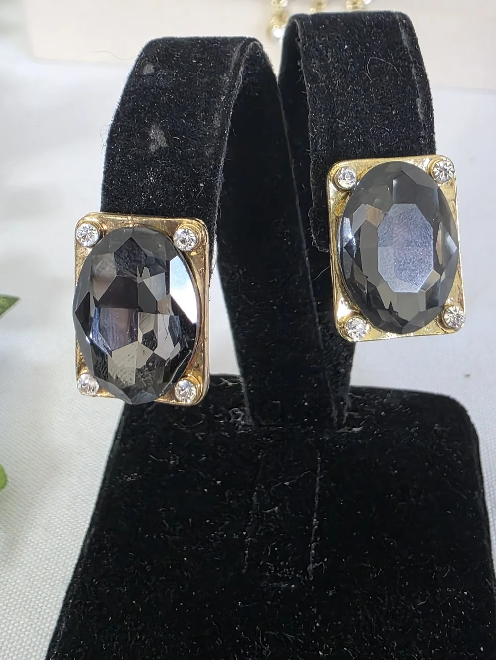 Gold Statement Glam Necklace and Earrings Set Grey Clear Crystal Drop